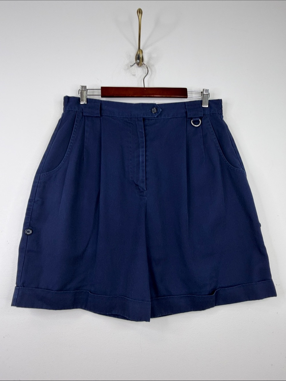 Vintage Tilley Shorts Womens 14 Navy Blue Pleated Cuffed Wide Leg Made in Canada